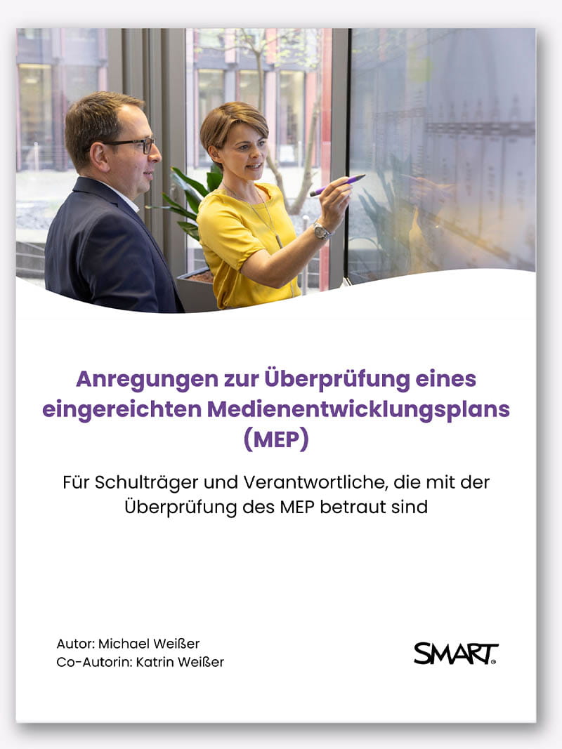 Educational professionals evaluating school media strategies on a SMART board.