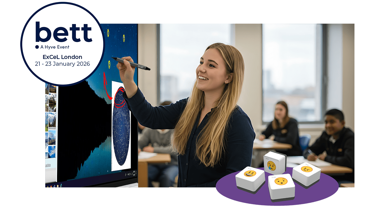 BETT 2026 banner with a Teacher collaborating on a SMART Board
