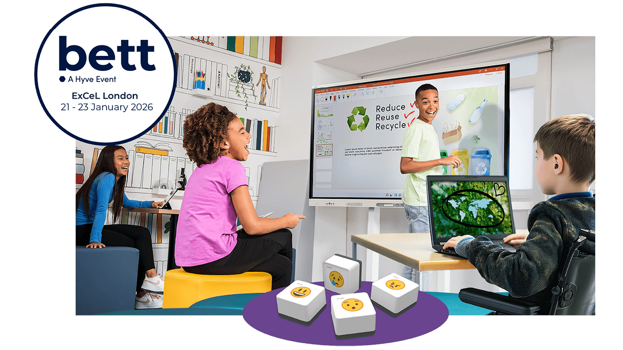 Classroom scene showcasing students collaborating with a SMART Board, with BETT 2026 event details in the top corner.
