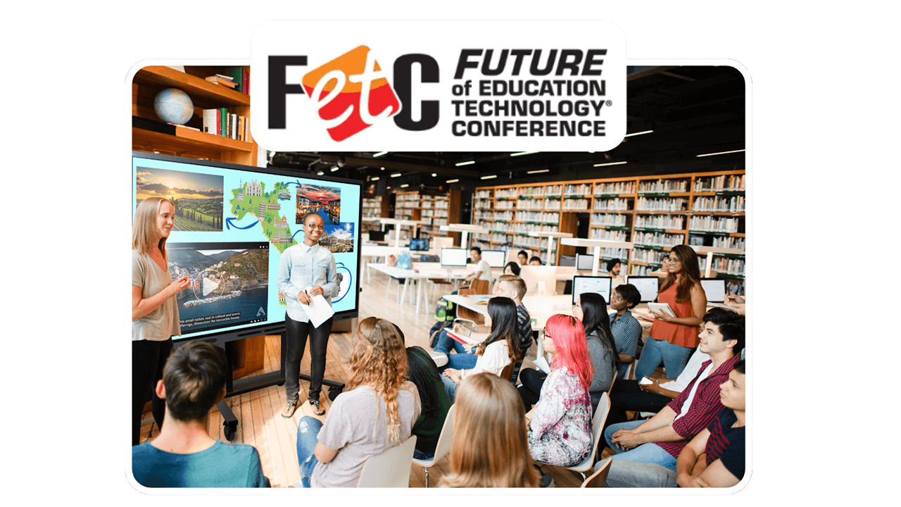 Teacher in front of SMART Board with students and the FETC logo