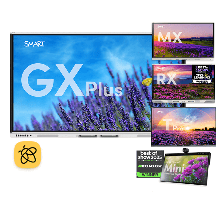 SMART Board collage showcasing the GX Plus, RX, MX, T Pro, and SMART Board Mini