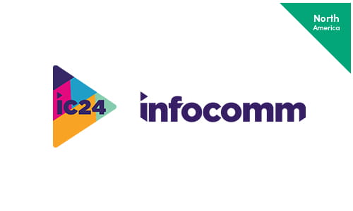 InfoComm 2024 logo for the event at Las Vegas Convention Center, Las Vegas, NV from June 12 to 14, with a colorful triangular design element.