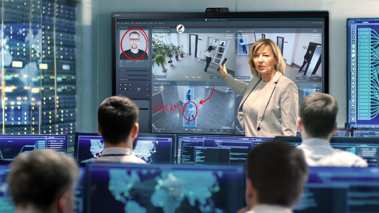 A woman using a SMART Board to analyze security camera feeds in a command center.