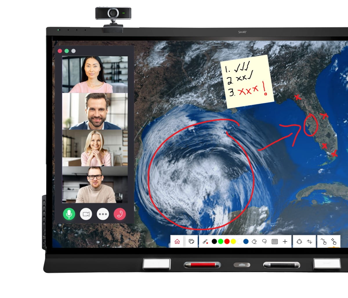 SMART display with a live video call featuring four participants on the left side. The main screen showcases an aerial view of a hurricane with annotated details, a sticky note with three listed items, and marked locations on the adjacent land.
