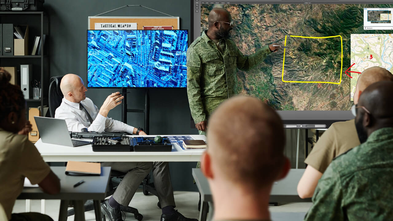 SMART Board M Pro interactive display used for mission planning and map-based operational briefing in a defense training environment.