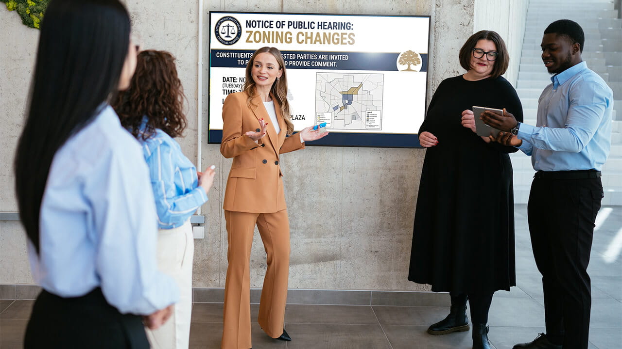 Government staff presenting zoning and public hearing information on a large interactive display.