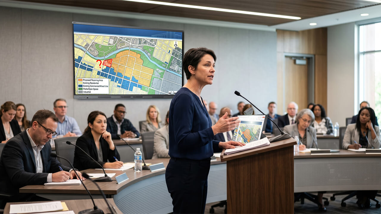 Presenter using a SMART Board interactive display to share planning and zoning maps during a government or public planning meeting.