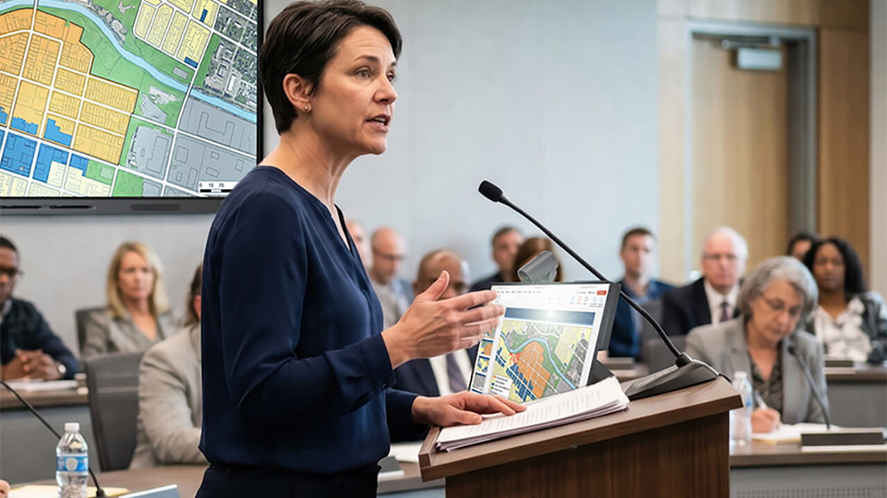 Presenter using a SMART Board Mini display to share planning and zoning maps during a government or public planning meeting.