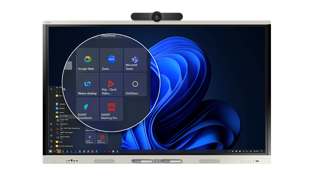 SMART Board MX Pro display with meeting and collaboration applications including Microsoft Teams, Zoom, Google Meet, ClickShare, and SMART TeamWorks.