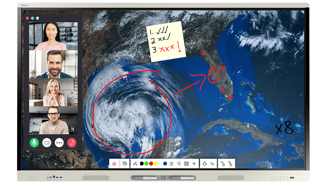 SMART Board MX Pro interactive display showing a weather map with storm tracking annotations and remote participants collaborating in a video conference.