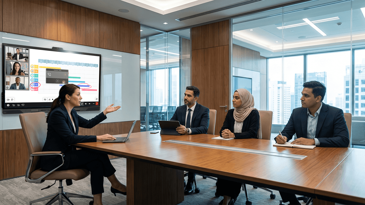 Meeting participants collaborating in a conference room while connected to remote attendees using SMART TeamWorks on an interactive display.