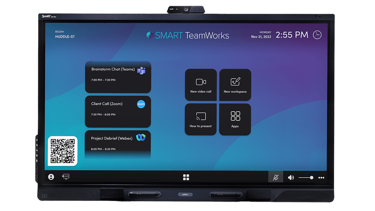 SMART TeamWorks home screen displaying scheduled meetings, video conferencing options, workspace tools and room access controls on an interactive display.
