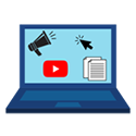 Illustration of a laptop displaying a video play button, megaphone, and document symbolizing digital media and content promotion.