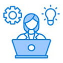 Icon of a person at a laptop with a gear and light bulb, representing innovative thinking, problem solving, and idea generation.