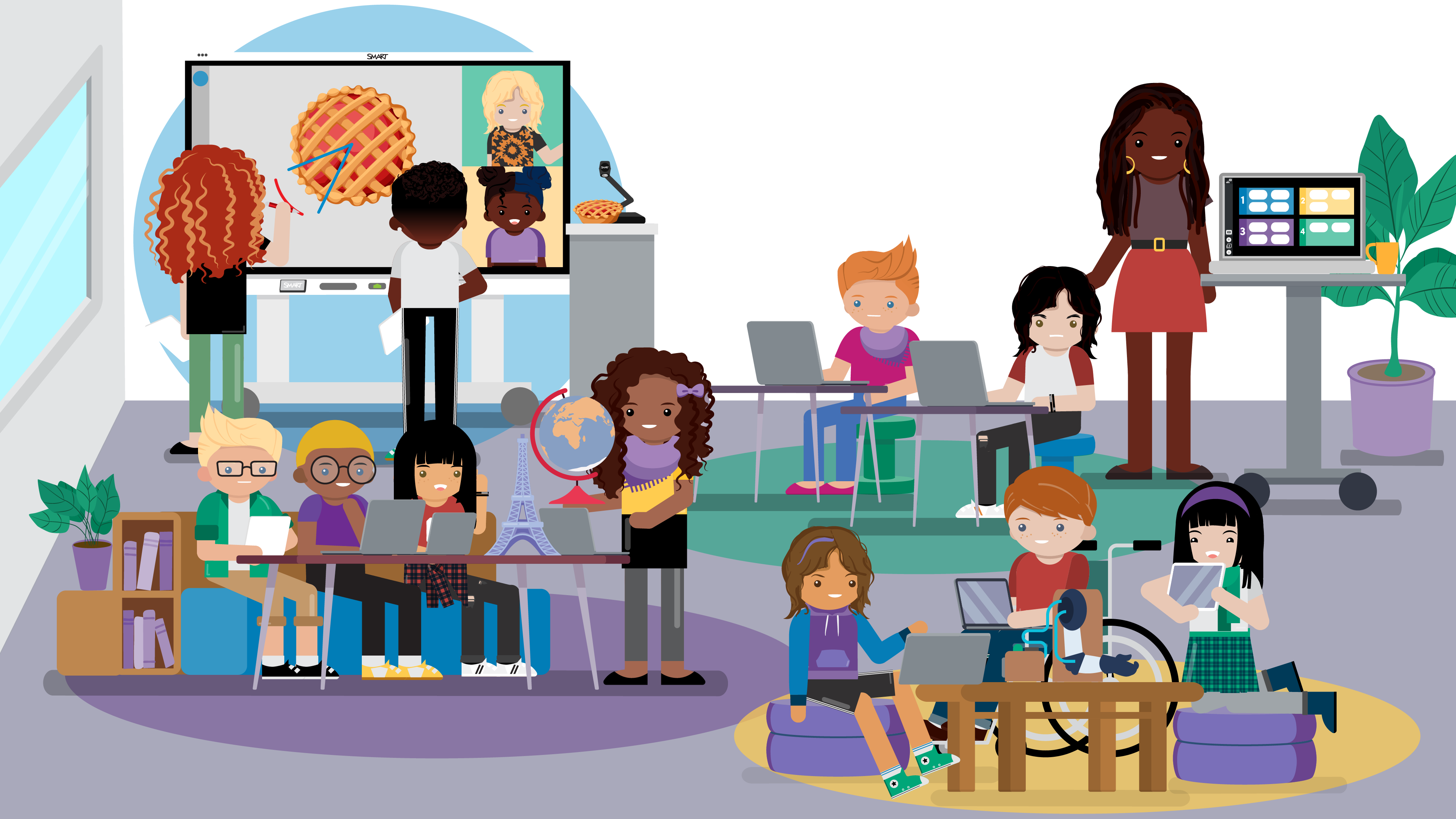 Image représentant une classe stylisée avec des élèves en autonomie et l’enseignante navigant entre les différents groupes afin de faciliter la réussite des élèves