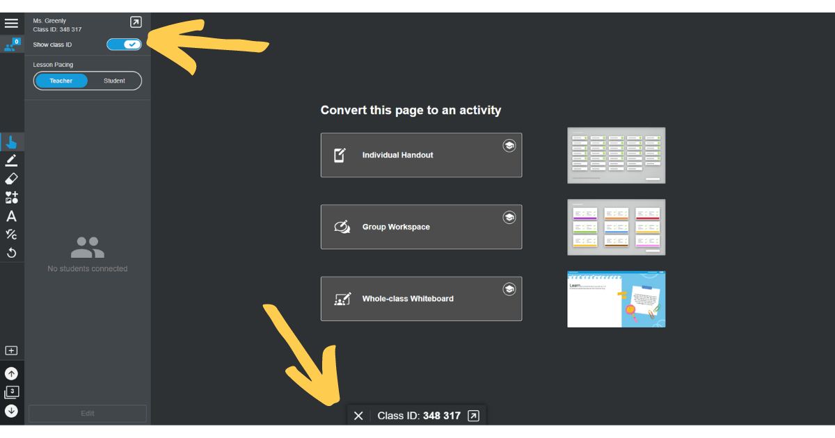 Digital classroom interface showing the class ID input field for connecting to a session.