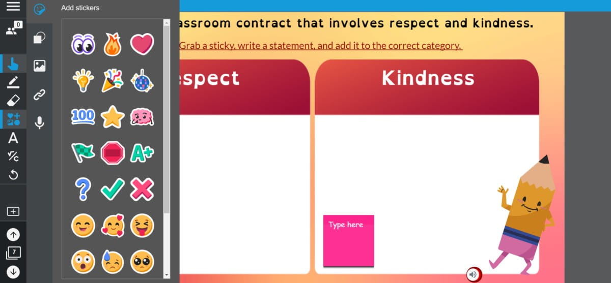 Lumio activity featuring stickers and a student task sorting statements about respect and kindness.