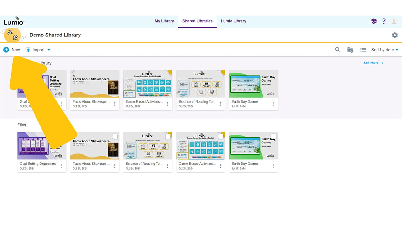User interface of Lumio shared library, featuring lesson files and a large yellow arrow pointing to the 'New' option.