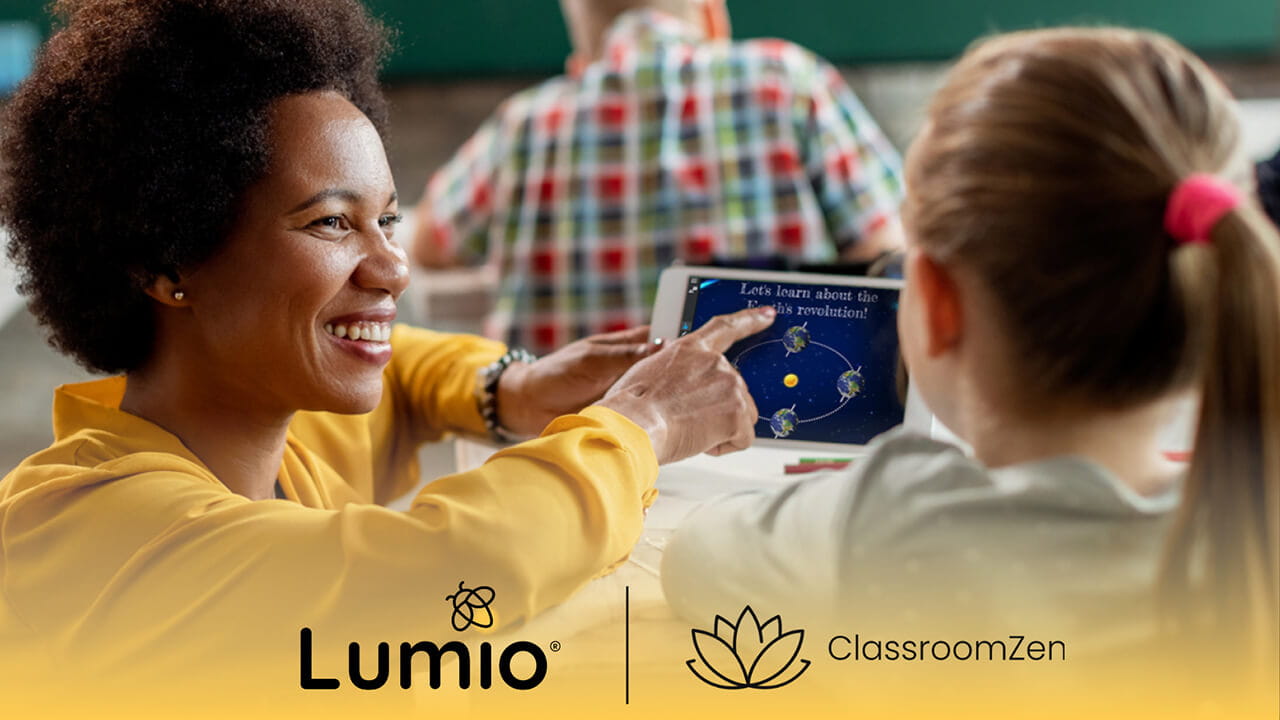Teacher helping a student with Lumio with the Lumio and ClassroomZen logo overlayed