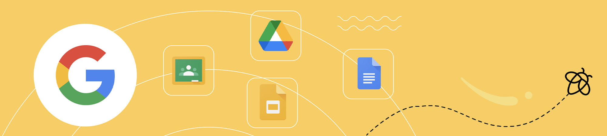 Graphic showing Lumio's integration with Google, highlighted by a network connecting the Google logo to icons for Google Drive, Google Slides, and a document.