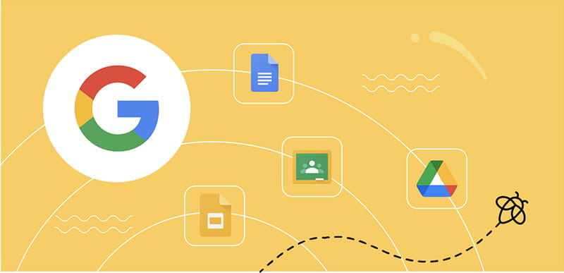 Illustration of Lumio's integration with Google services featuring icons for Google Drive, Docs, Slides, and Classroom on a yellow network background.