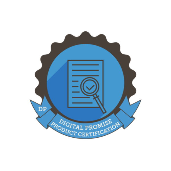 Badge of Digital Promise Product Certification indicating accredited digital educational product quality.