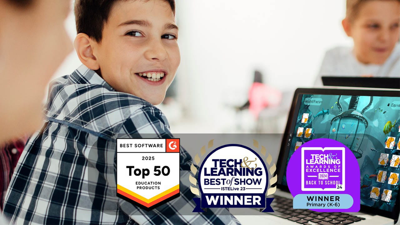 Student interacting with Lumio on a laptop in a bright classroom, displaying multiple award badges including G2 Top 50, Tech & Learning Best of Show, and Awards of Excellence 2024 for K-6.