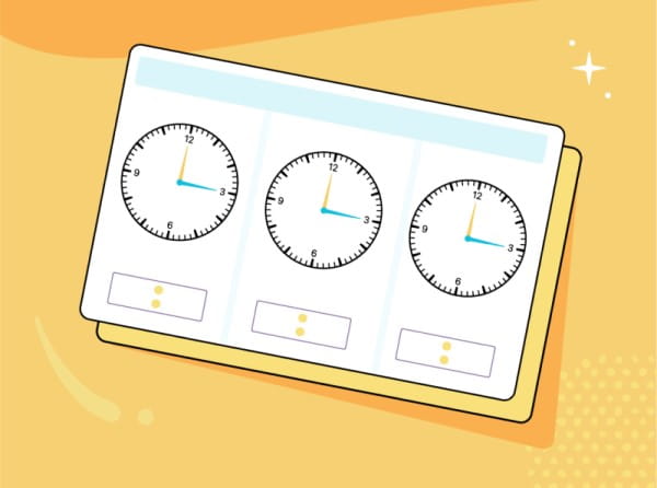 Illustration displaying various time-telling clocks, symbolizing Lumio's interactive digital manipulatives for hands-on learning experiences in subjects like math.