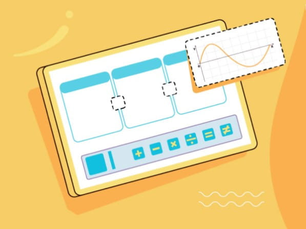 Illustration with various math graphs and organizers, highlighting Lumio's engaging math resources for mastering concepts like fractions and multiplication.