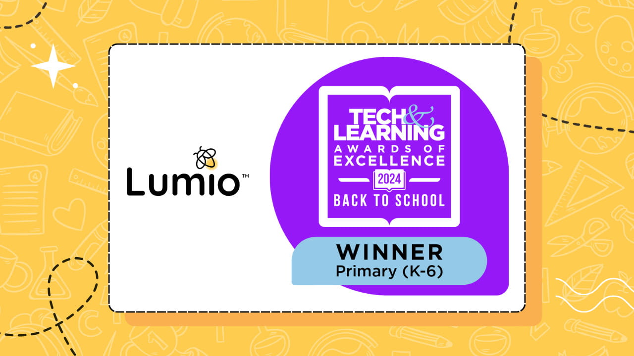 Lumio logo next to Tech & Learning 2024 Back to School Awards of Excellence badge, highlighting the Primary (K-6) category win.