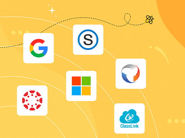 An illustration showcasing a variety of app icons like Google and Skype, indicating software compatibility or integration for educational technology.