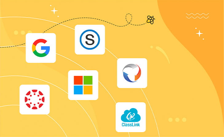 An illustration showcasing a variety of app icons like Google and Skype, indicating software compatibility or integration for educational technology.