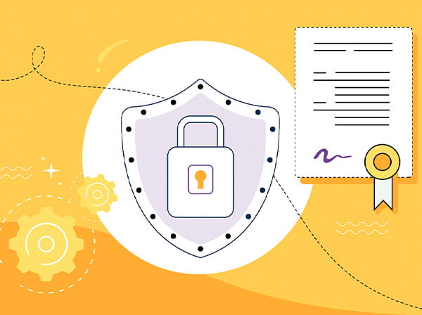 Graphic with a central shield symbol and a contract, representing the security features and compliance aspects of educational software.