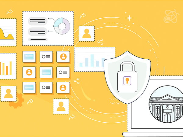 An illustration depicting various educational tools like graphs, documents, and a security shield, highlighting data management and security in educational technology.