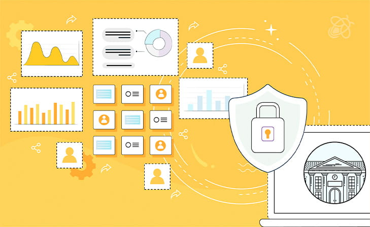 An illustration depicting various educational tools like graphs, documents, and a security shield, highlighting data management and security in educational technology.