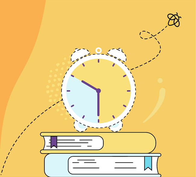 Icon of a clock surrounded by study materials, denoting the opportunity for asynchronous learning and time flexibility.