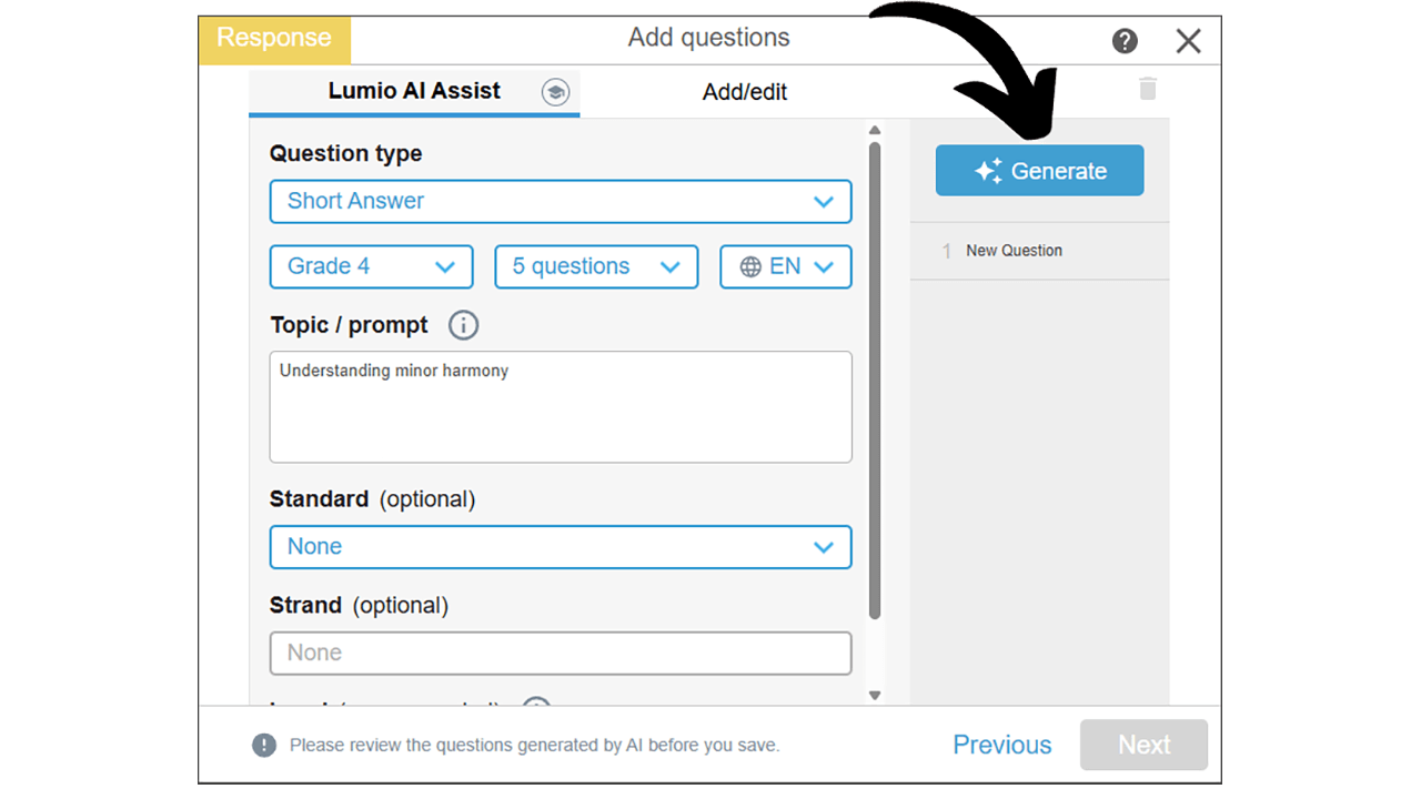 Lumio visual showing the generate button for Lumio AI Assist