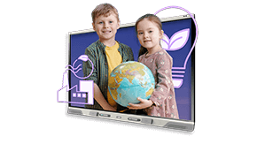 Young children holding a globe inset within a SMART Board