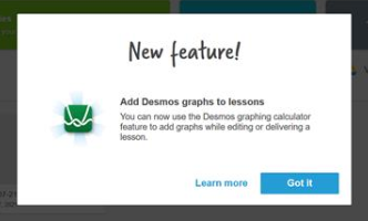 New feature banner adding the Desmos graphs to lessons