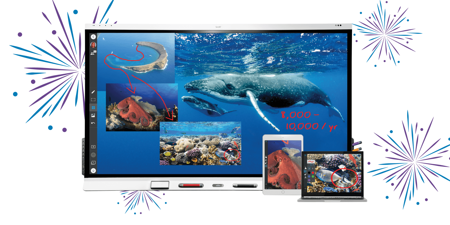 SMART Board with fireworks graphic in the background.