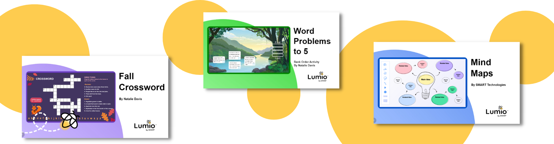 Lumio logo with it's integrations - YouTube, PhET Simulations, Desmos and Game-Based Activities.