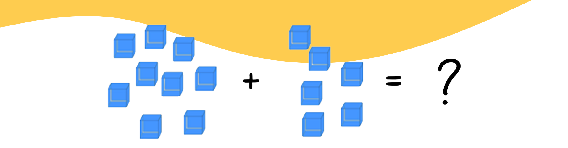 Example of digital manipulatives for math. 9 cubes, plus sign, 6 cubes, equals sign, question mark sign.