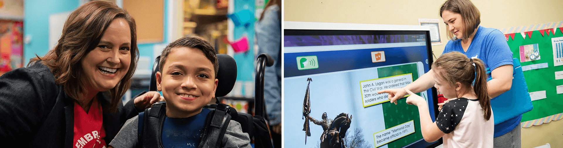 An educator assisting a special-needs student with interactive technology.