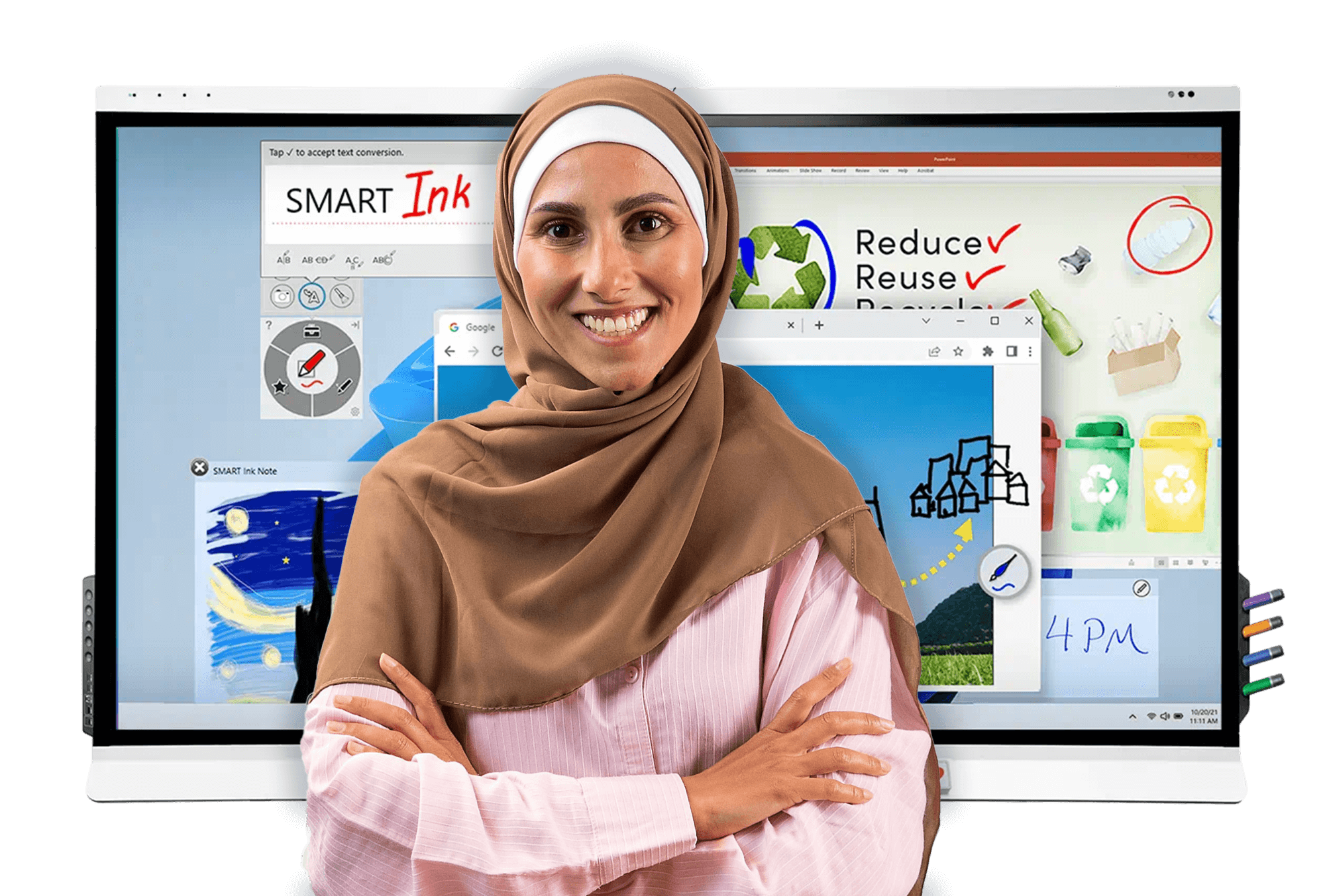 An educator stands in front of a SMART board. The image is related to an event page for GESS Dubai, taking place from 30 October to 1 November 2023 at the Dubai World Trade Centre, Za'abeel Halls 4-6.