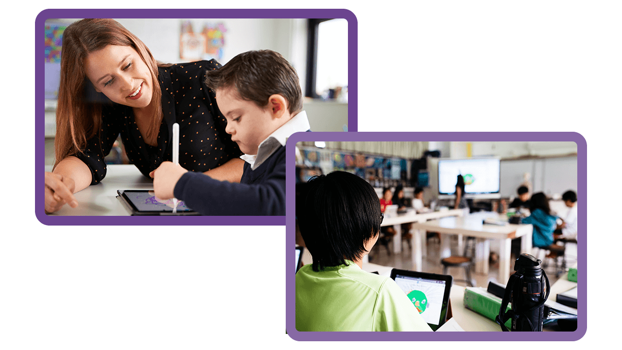 A teacher assisting a young student using a tablet, alongside a classroom scene where students use tablets for learning.