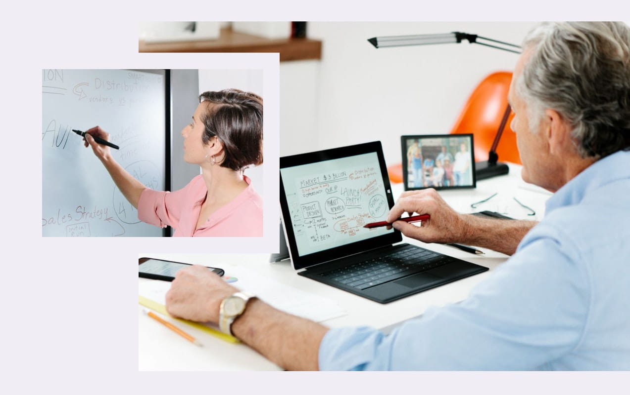 A professional woman using a SMART Interactive Display during a collaborative session, while a male colleague works on a connected digital tablet, illustrating teamwork across SMART devices.