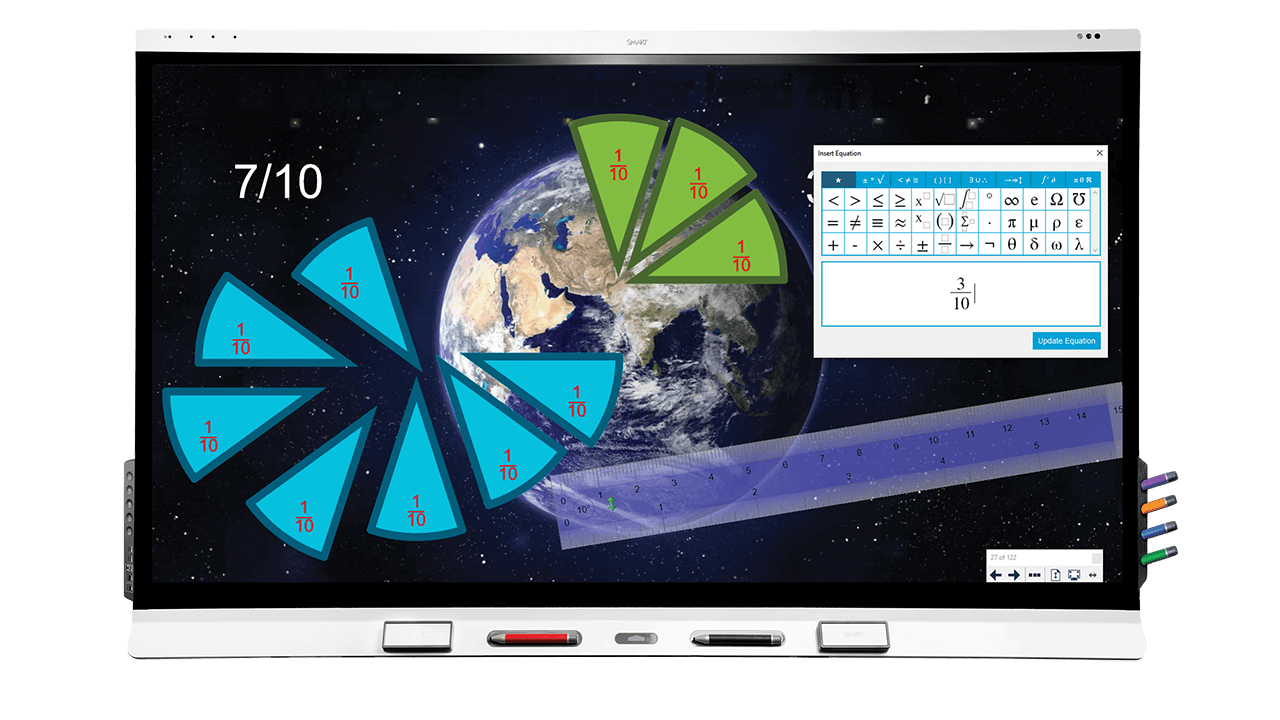 SMART Notebook educational tool displayed on a SMART Board featuring a space scene and math fractions exercise, free to download.