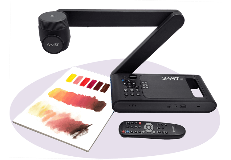 SMART document camera capturing an image of a painting palette with various shades of red and brown, accompanied by a remote control.