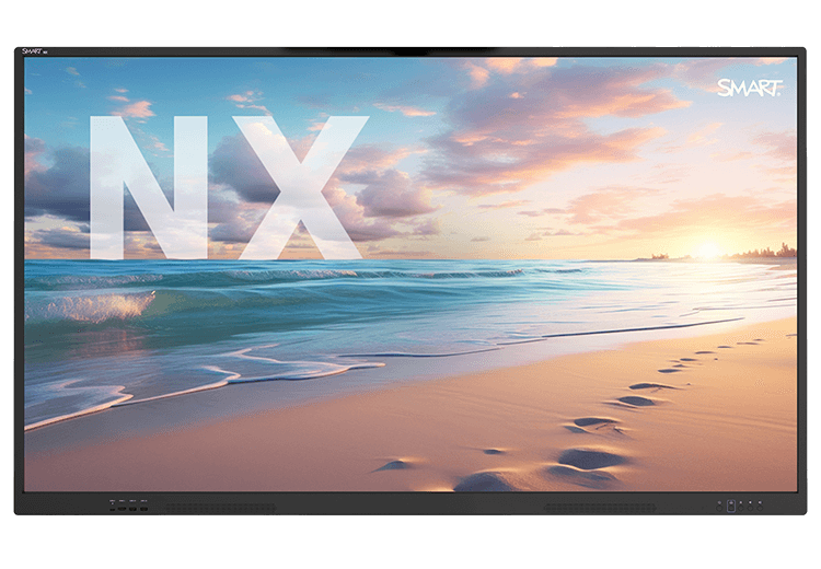 The SMART board NX series non-interactive display in bezel, featuring a stunning beach sunset background.