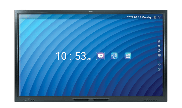 SMART GX Series interactive display featuring a blue geometric background and quick access to educational software icons.